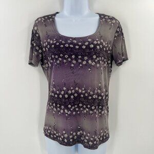 Identity Women Short Sleeve Floral Top Size Medium Purple Gray Vintage Whimsy